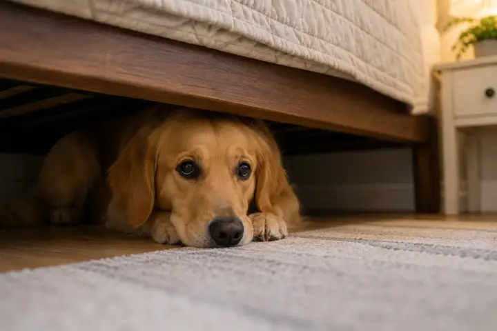 Dog resting comfortably under the edge of a bed