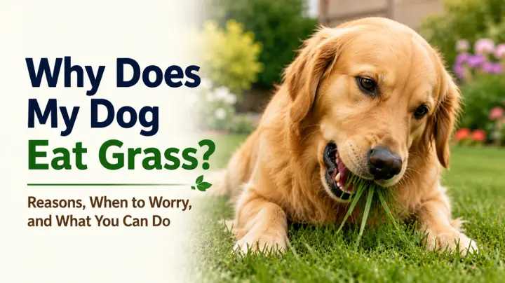 Dog calmly sniffing grass during a relaxed leash walk with its owner