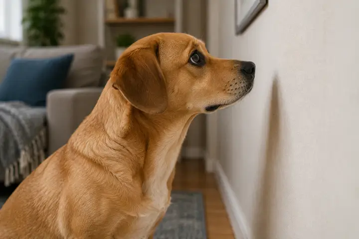 Dog quietly looking toward a wall