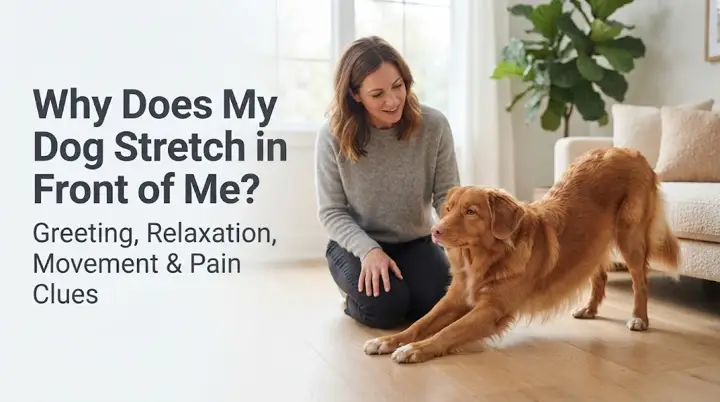 Dog stretching its front legs naturally near its owner after getting up from rest