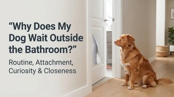 Calm dog lying outside a closed bathroom door while waiting for its owner