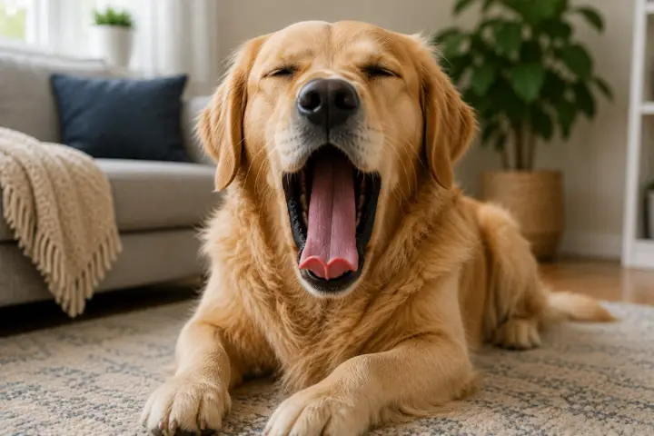 Relaxed dog yawning while resting indoors