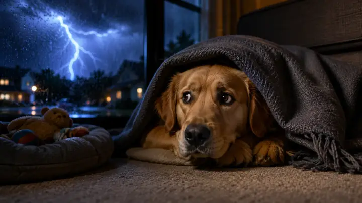 Dog resting in a quiet indoor safe space during a thunderstorm with its owner nearby