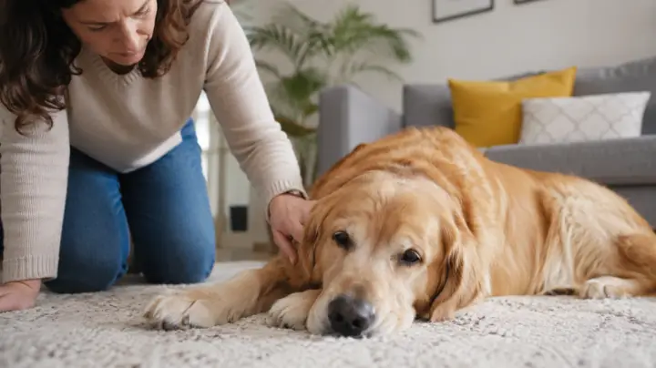 Tired-looking dog resting quietly while an owner checks its comfort and responsiveness