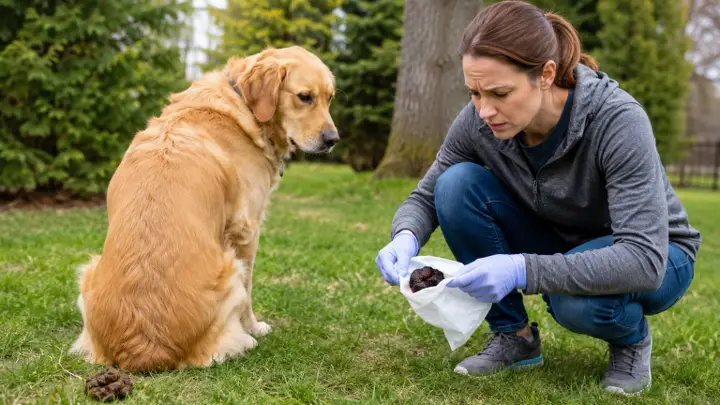 Dog owner examining an abnormal stool sample outdoors before contacting a veterinarian