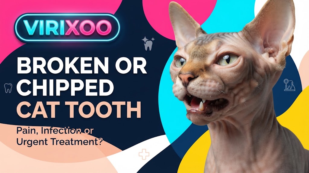 Cat with a small chipped tooth visible during a gentle veterinary-style mouth check