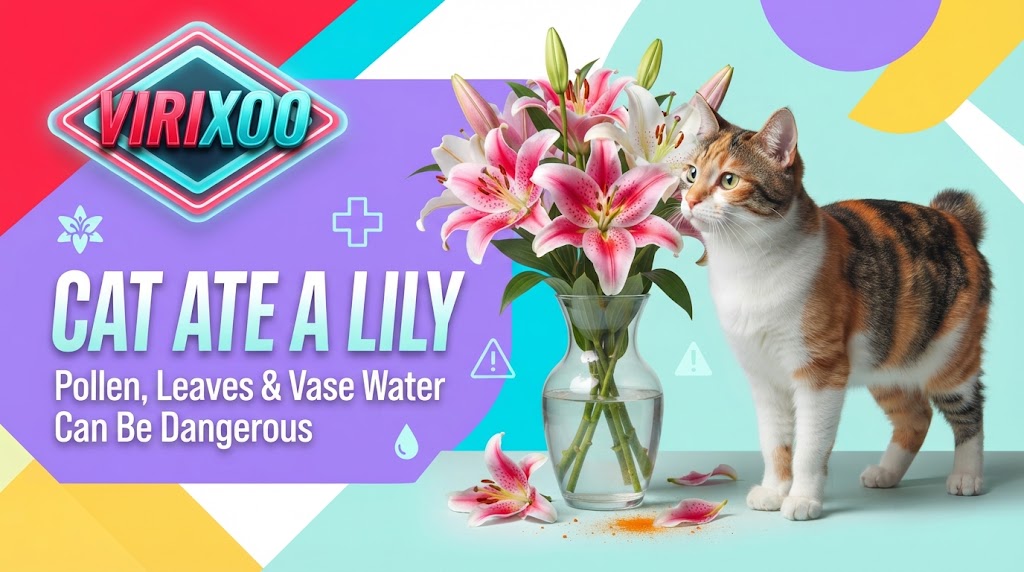 Cat kept safely away from a bouquet of lilies while an owner contacts emergency veterinary care