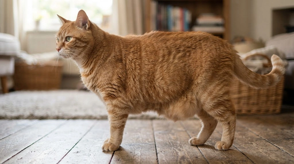 Side view of a healthy cat showing a soft lower abdominal pouch while an owner observes body shape