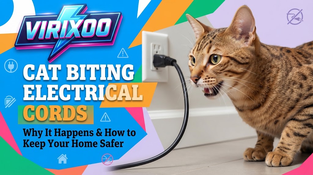 Cat being redirected from an electrical cord toward a safe toy in a cat-proofed room