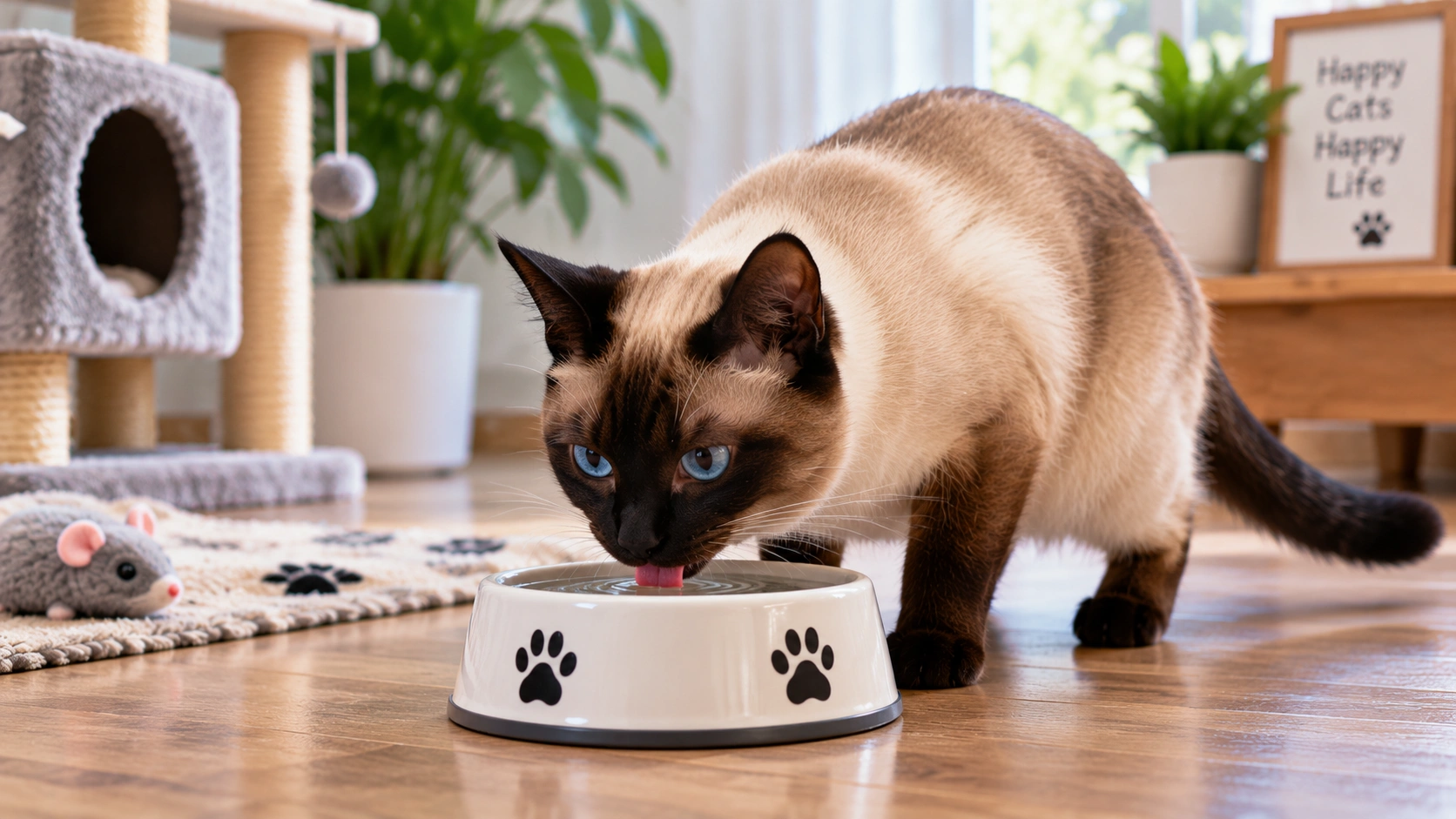 Cat resting near a water bowl while an owner notices an unusual sweet breath odor and watches for illness signs
