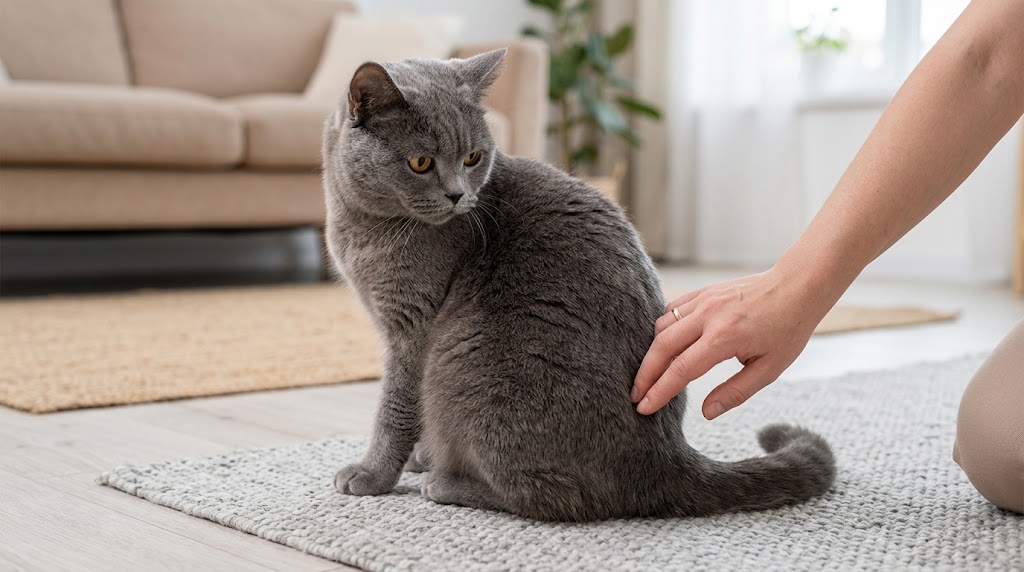 Cat turning toward its lower back when an owner gently touches nearby, without forcing the painful area