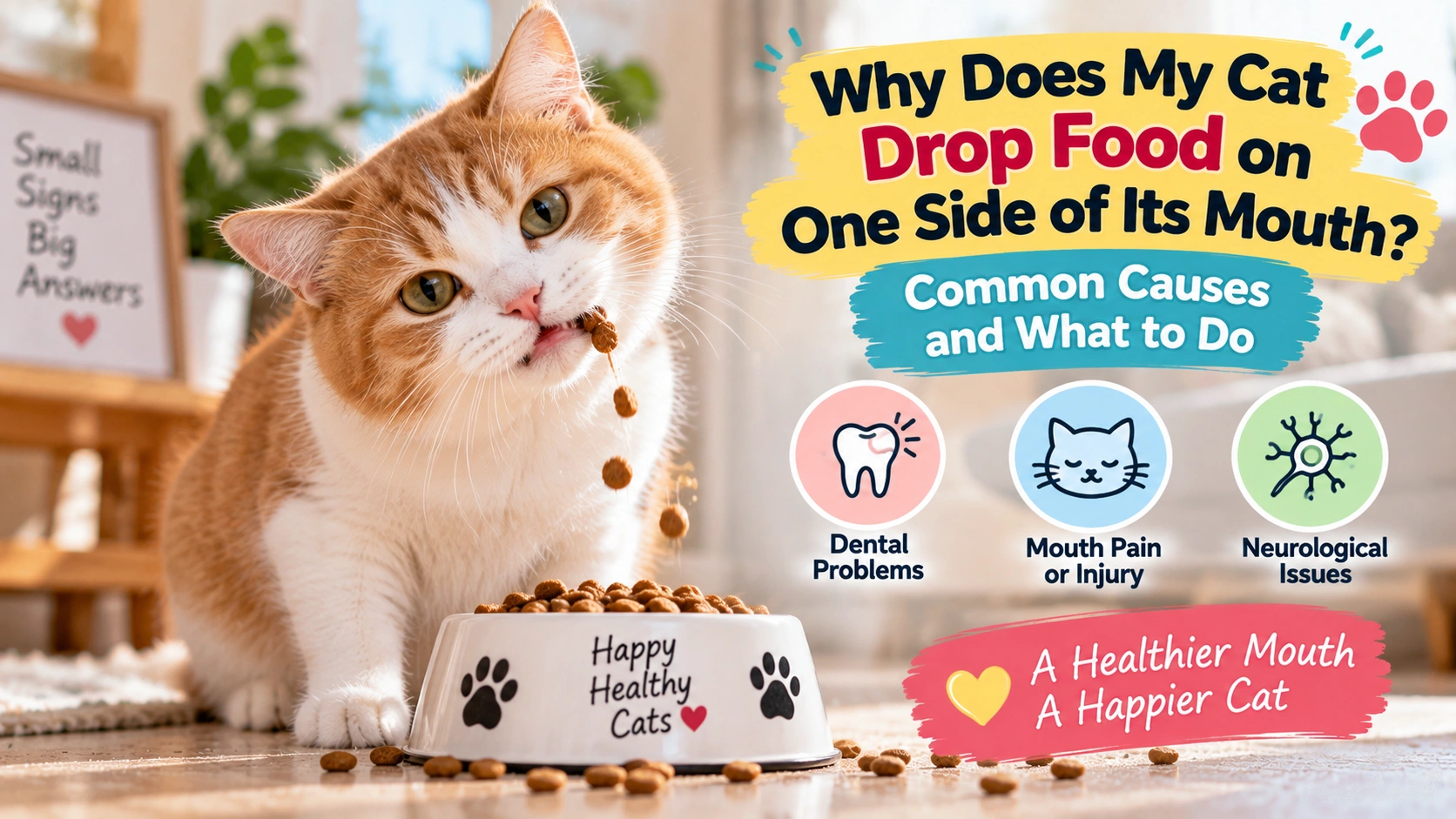 Cat eating dry kibble while a few pieces fall from one side of its mouth, suggesting possible oral discomfort