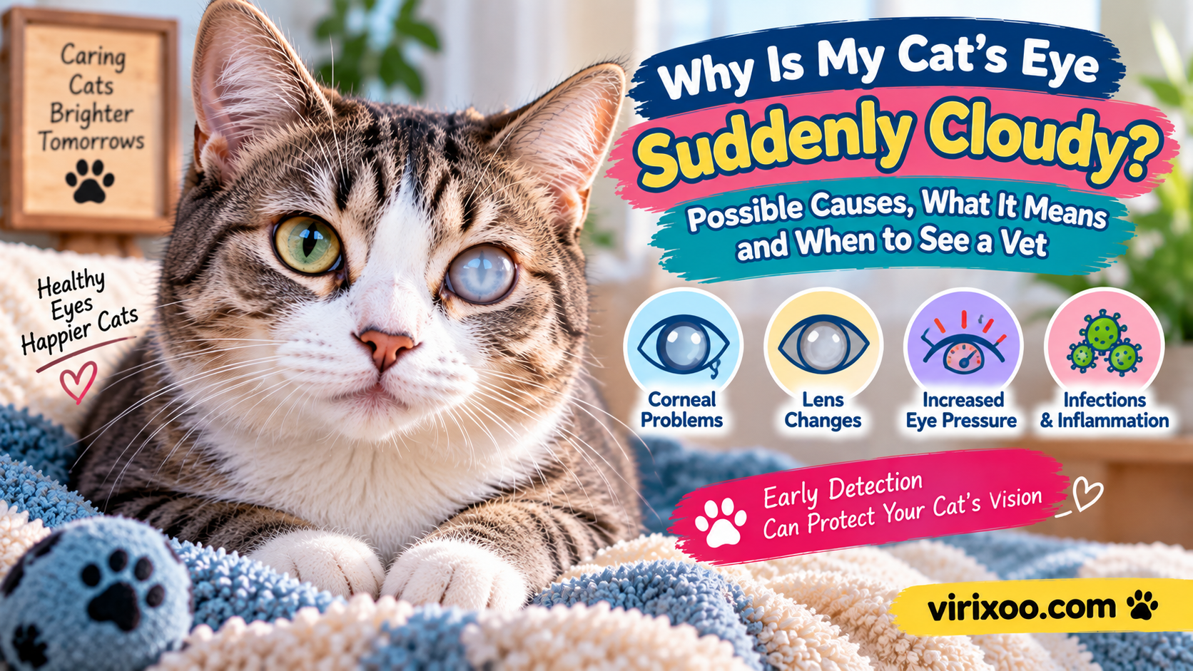 Close-up of a cat with one mildly cloudy-looking eye while remaining calm in a home setting