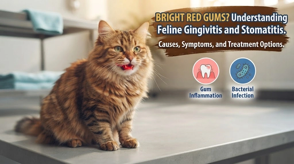 Close non-graphic view of a cat with noticeably red gum margins during a gentle veterinary-style mouth check