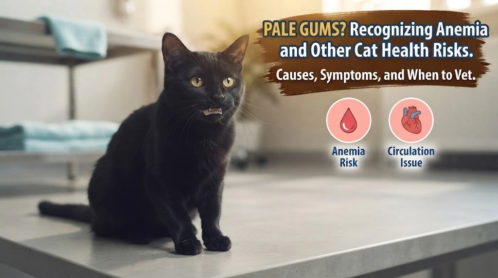 Cat calmly opening its mouth slightly while an owner observes unusually pale gums in natural light