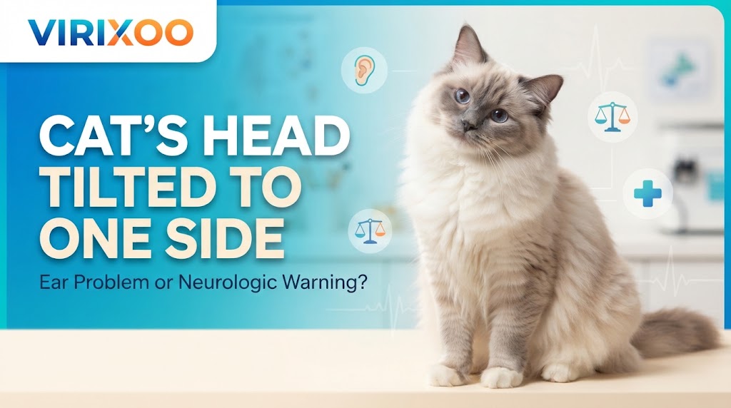 Cat standing with a persistent head tilt and mild balance uncertainty