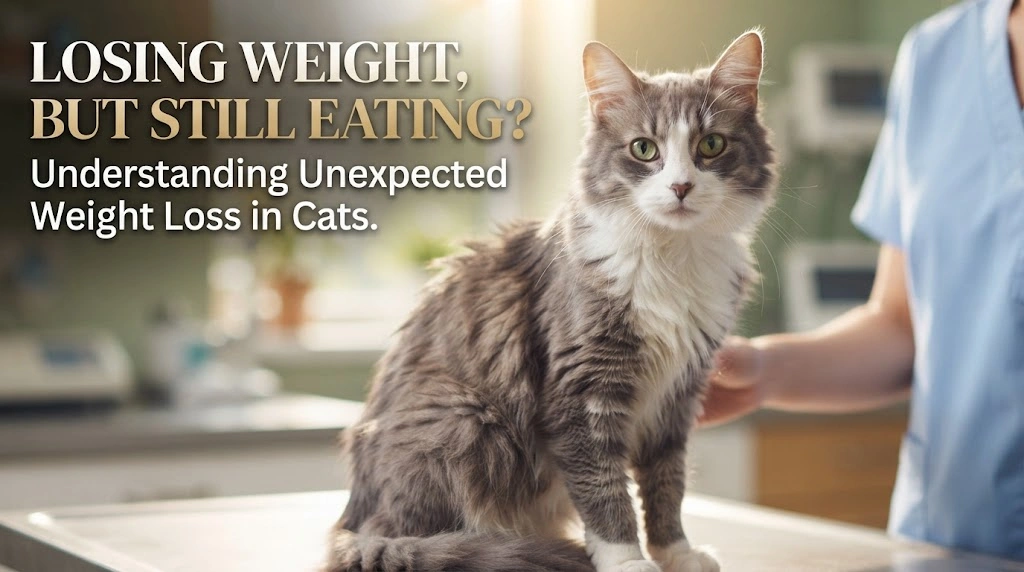 Adult cat eating from a bowl while an owner checks a recent weight reading on a pet scale