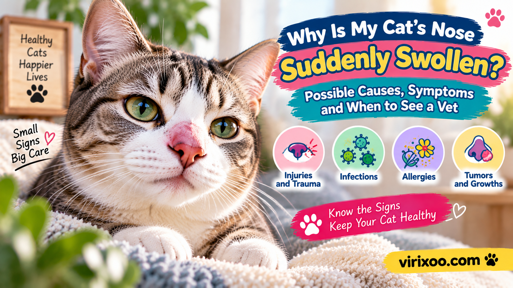 Cat sitting calmly with mild visible swelling over the bridge of the nose while an owner observes from nearby