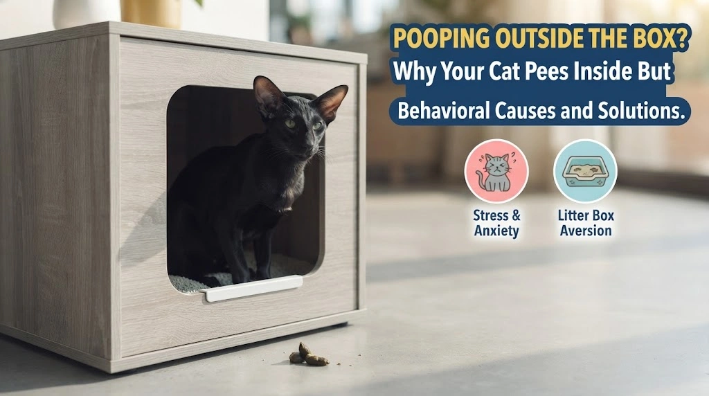 Cat standing beside a clean litter box while a small stool is visible just outside the box in a non-graphic home scene