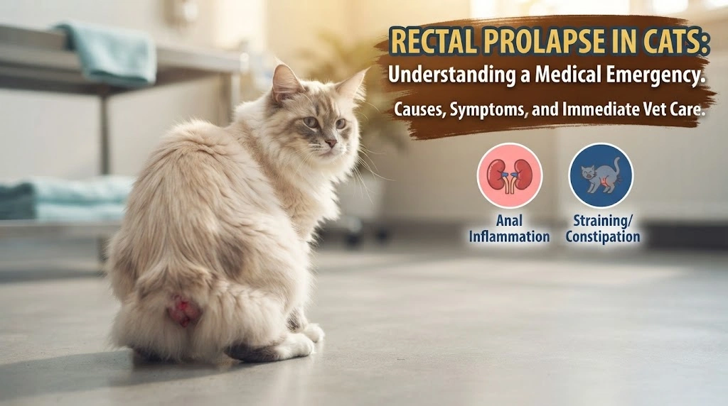 Cat viewed from the side with a non-graphic veterinary-style illustration indicating mild tissue protrusion near the anus