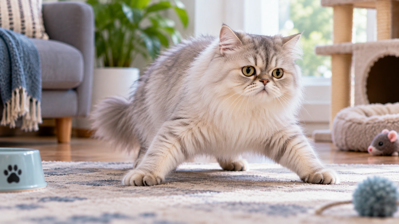 Cat sitting with front legs held wider than usual while an owner quietly observes breathing from a distance