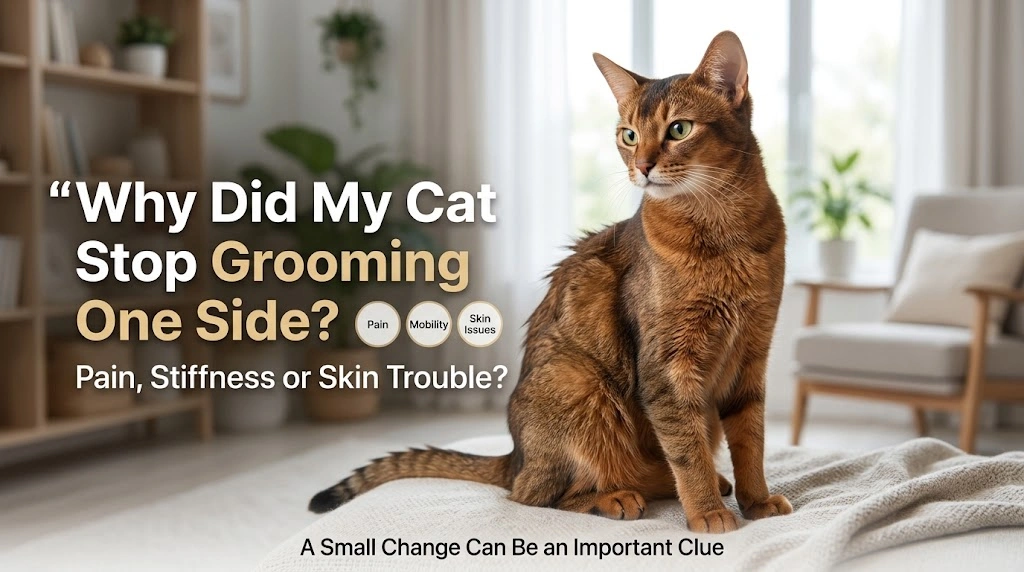 Cat with one side of its coat less groomed while an owner gently observes mobility and skin condition