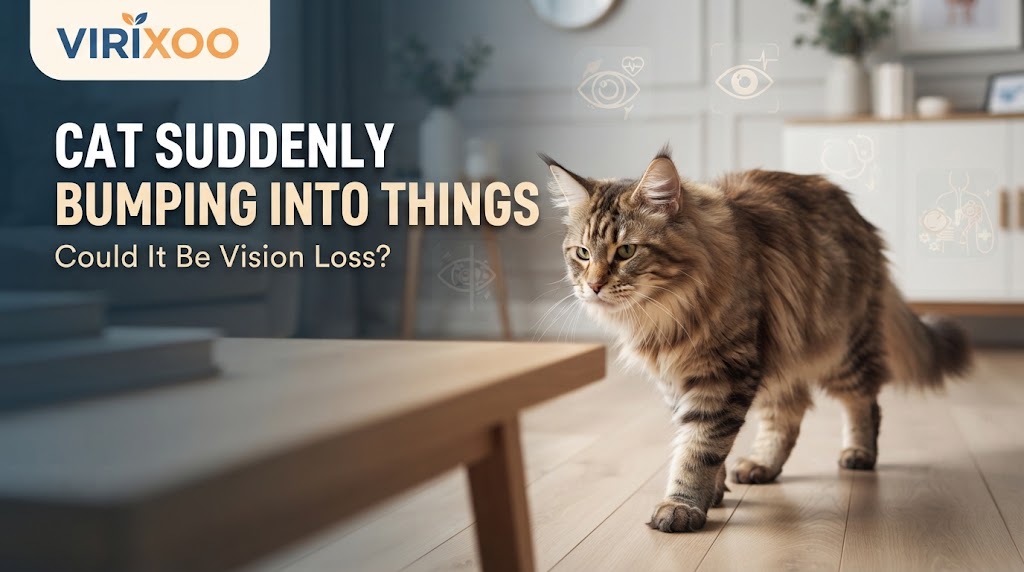 Cat cautiously approaching furniture after a sudden change in vision