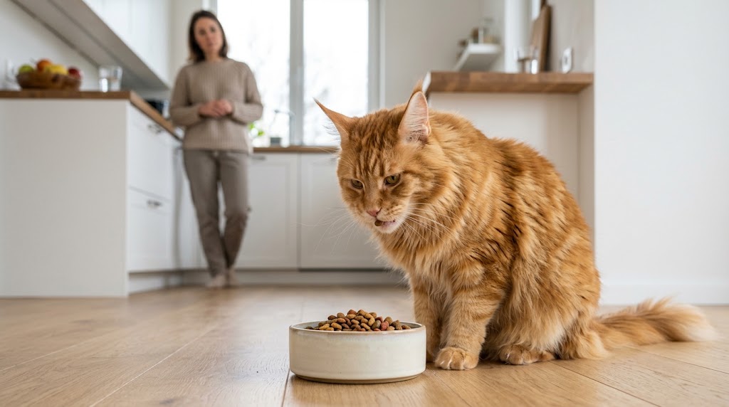 Cat taking unusually long pauses while eating from a familiar bowl as an owner observes chewing and appetite