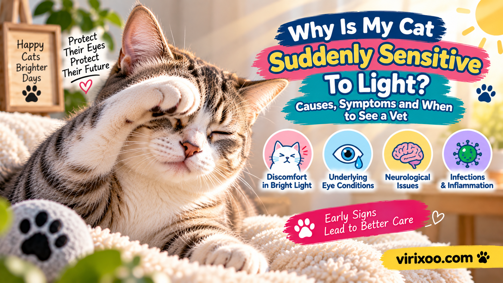 Cat resting in a dim room while turning away from a bright window and squinting slightly