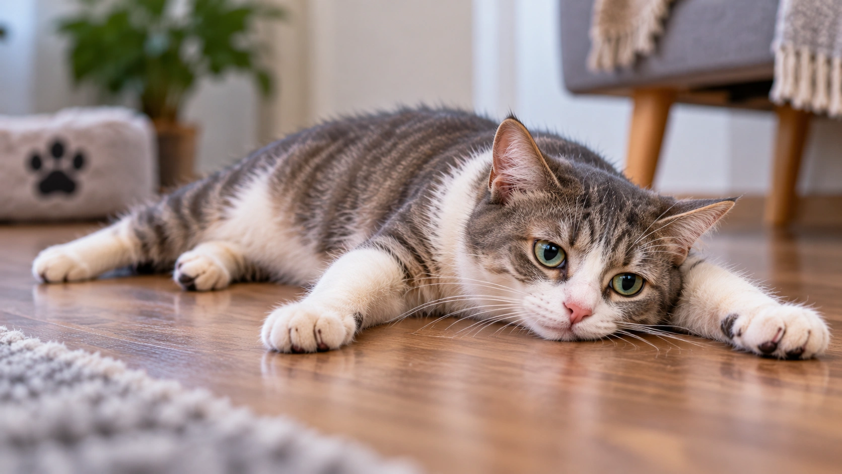 Weak cat crouching low on all four legs while an owner keeps it safely on the floor before veterinary evaluation