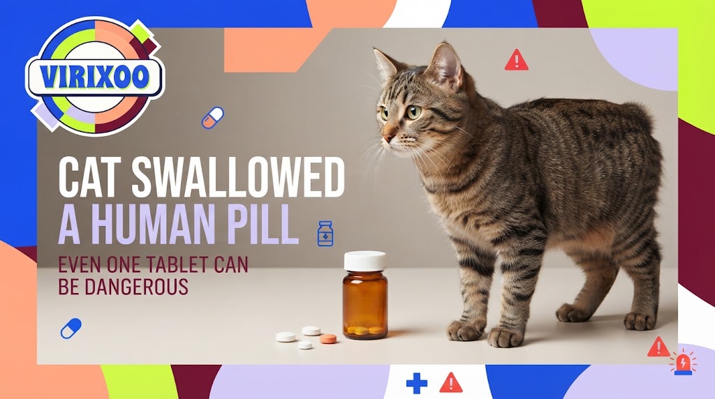 Cat near a closed human medication bottle while an owner contacts poison control