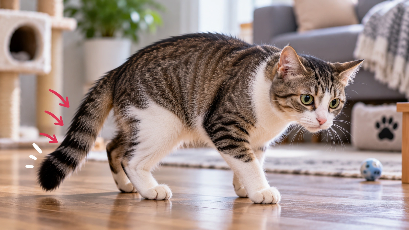 Cat walking with its tail held unusually low while an owner observes movement without pulling on the tail