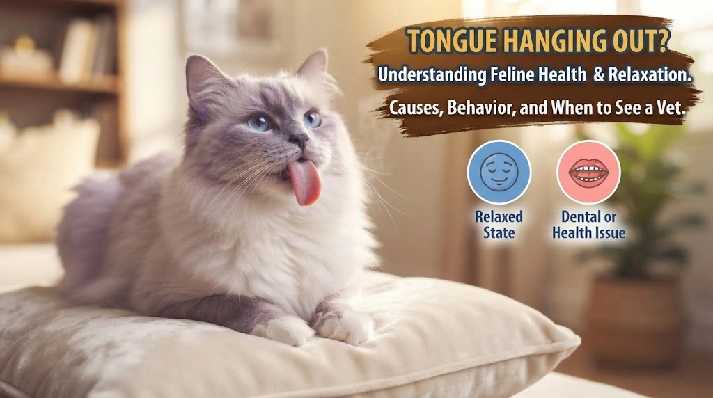 Relaxed cat with the tip of its tongue briefly visible while an owner observes whether the change is persistent