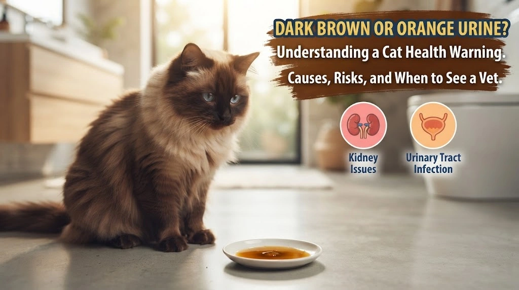 Clean litter box showing a small non-graphic unusually dark amber urine clump while an owner observes