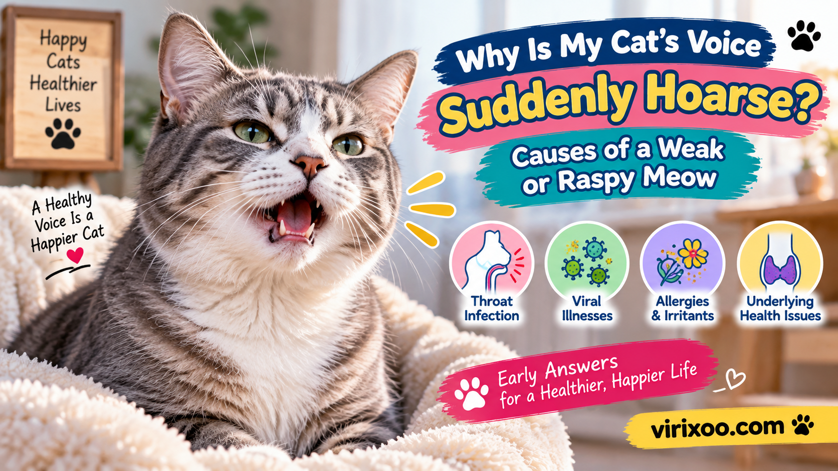 Cat sitting indoors with its mouth slightly open as if meowing while an owner notices a newly raspy or weak voice