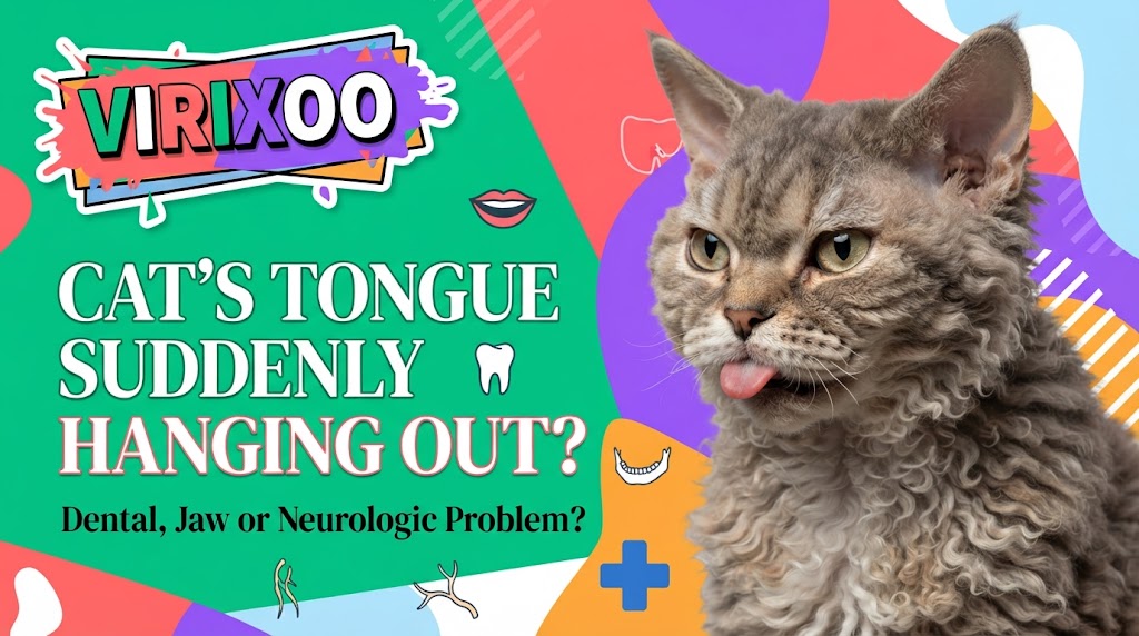 Cat with the tip of its tongue hanging out while an owner observes for other warning signs