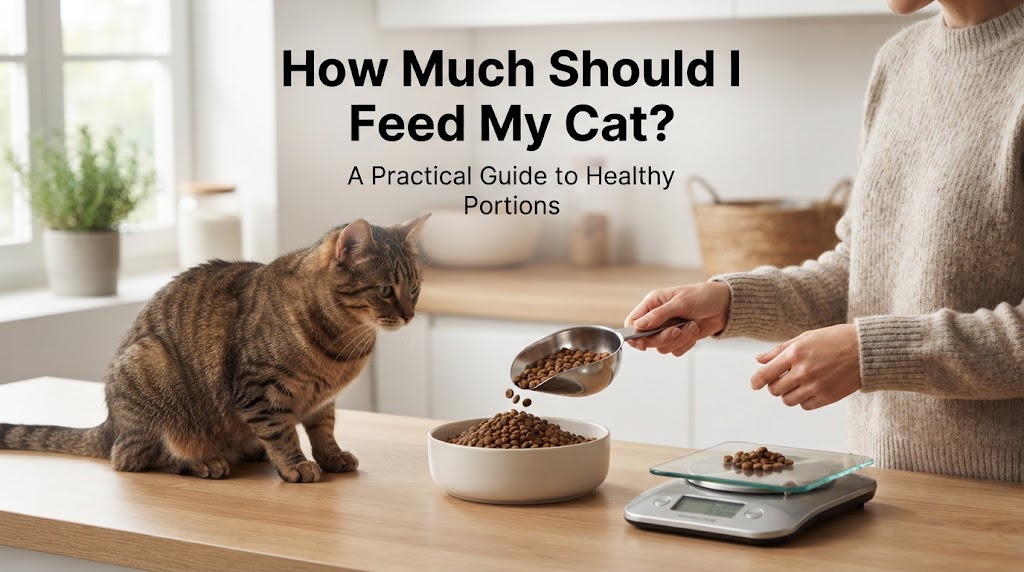 Owner measuring a cat meal beside a food label and a healthy adult cat