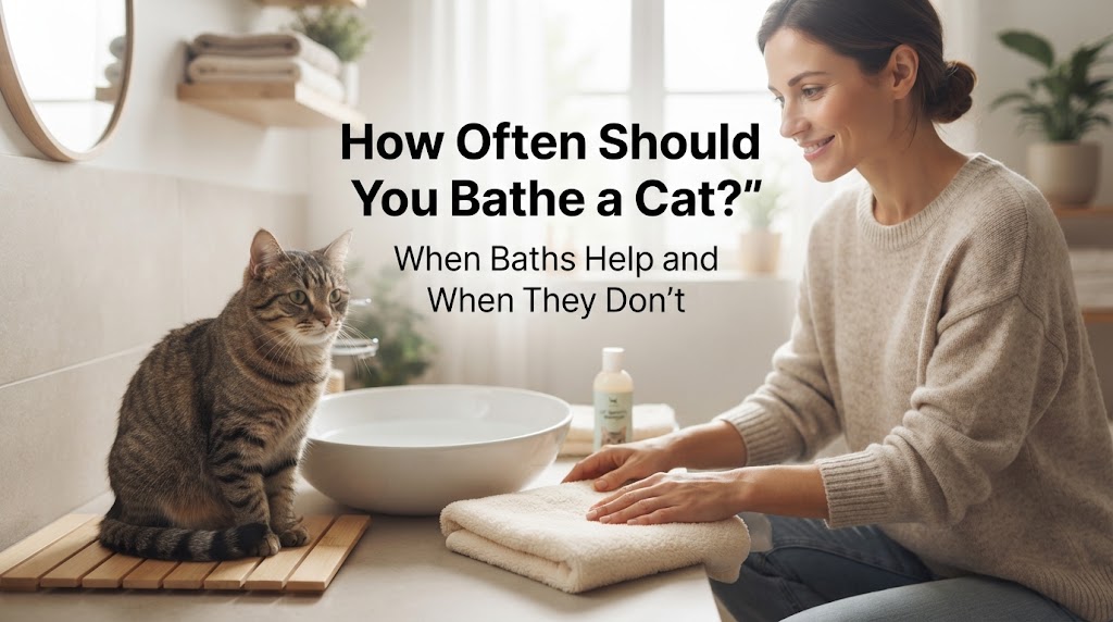 Calm cat being gently washed with a small amount of lukewarm water in a non-slip sink