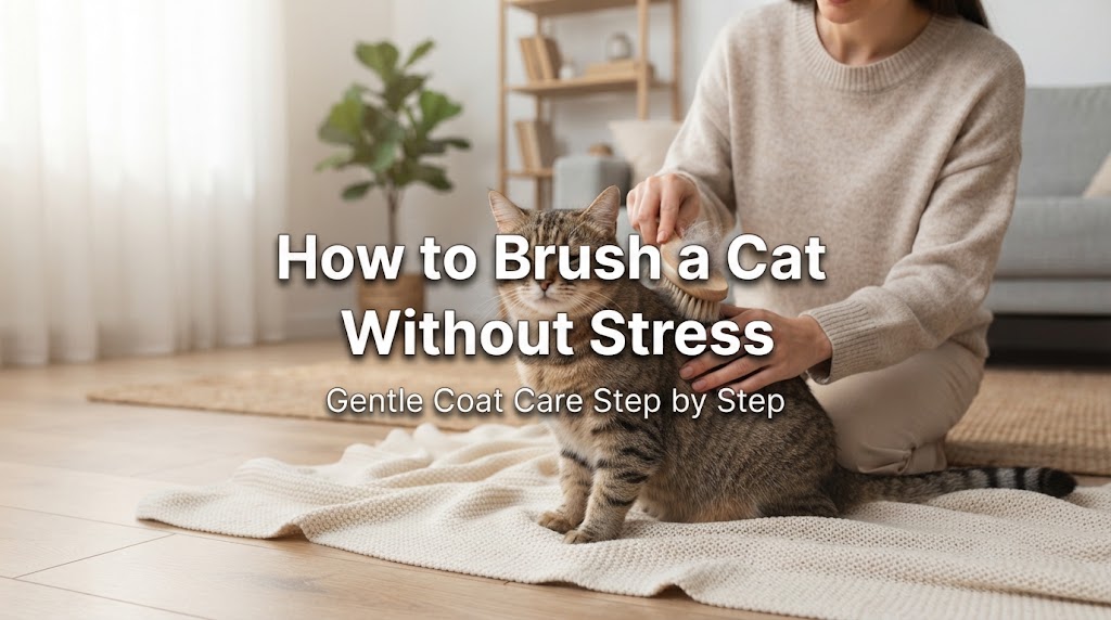 Relaxed cat receiving a gentle short brushing session from its owner