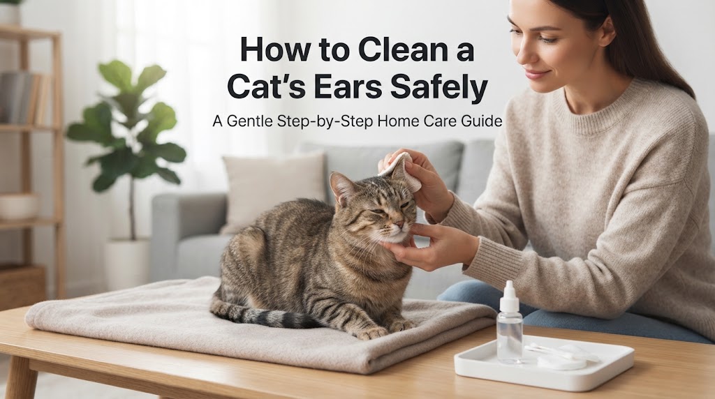 Owner gently lifting a relaxed cat's ear flap during a safe ear check