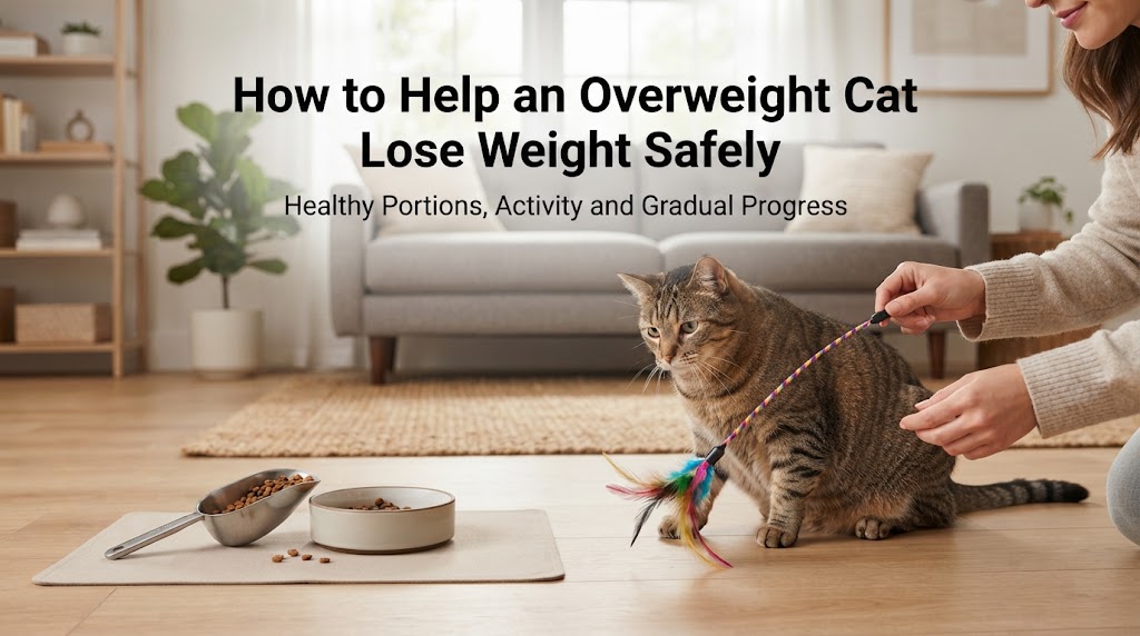 Overweight cat standing on a pet scale while its owner records progress