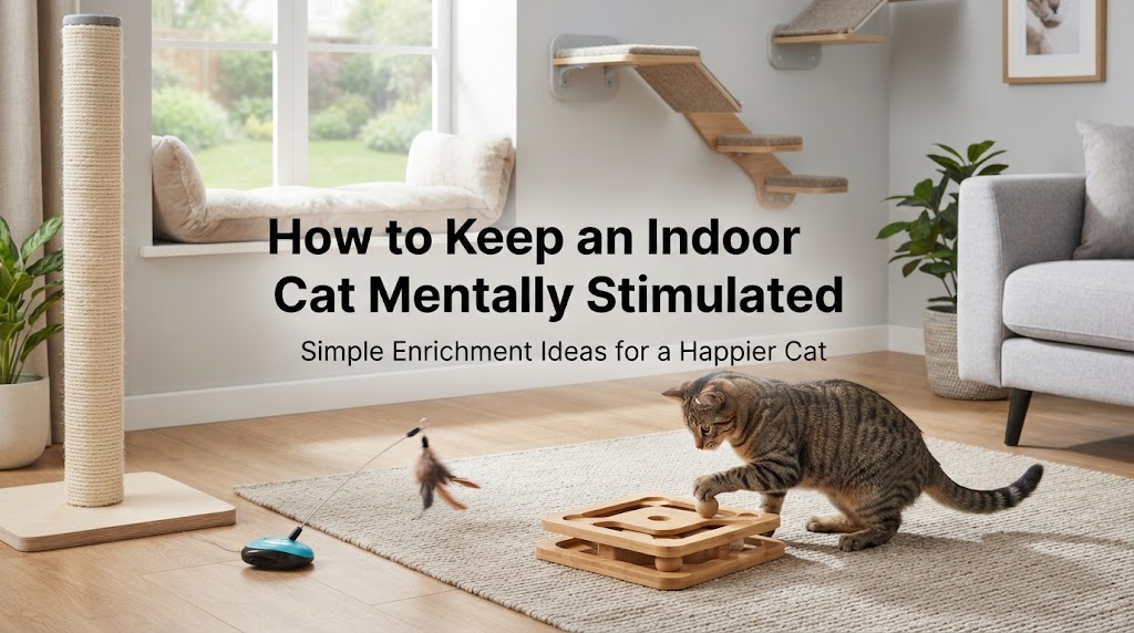 Indoor cat exploring a puzzle feeder beside a window perch and cat tree