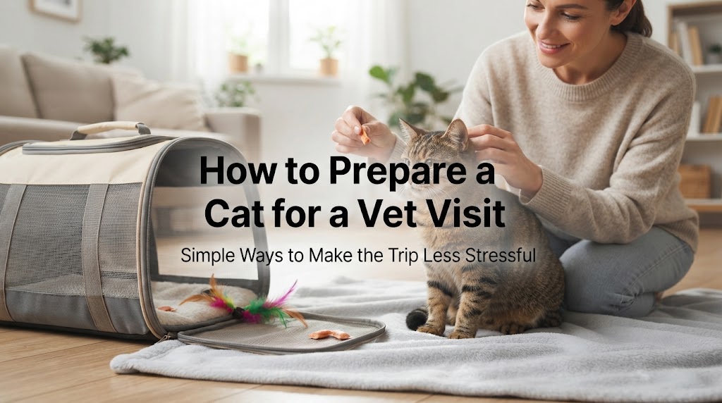 Cat resting calmly in a secure carrier while its owner prepares for a veterinary appointment