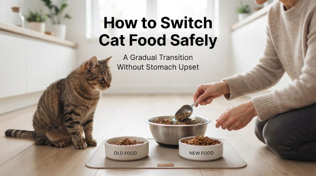 Two cat food bowls representing a gradual transition from old food to new food