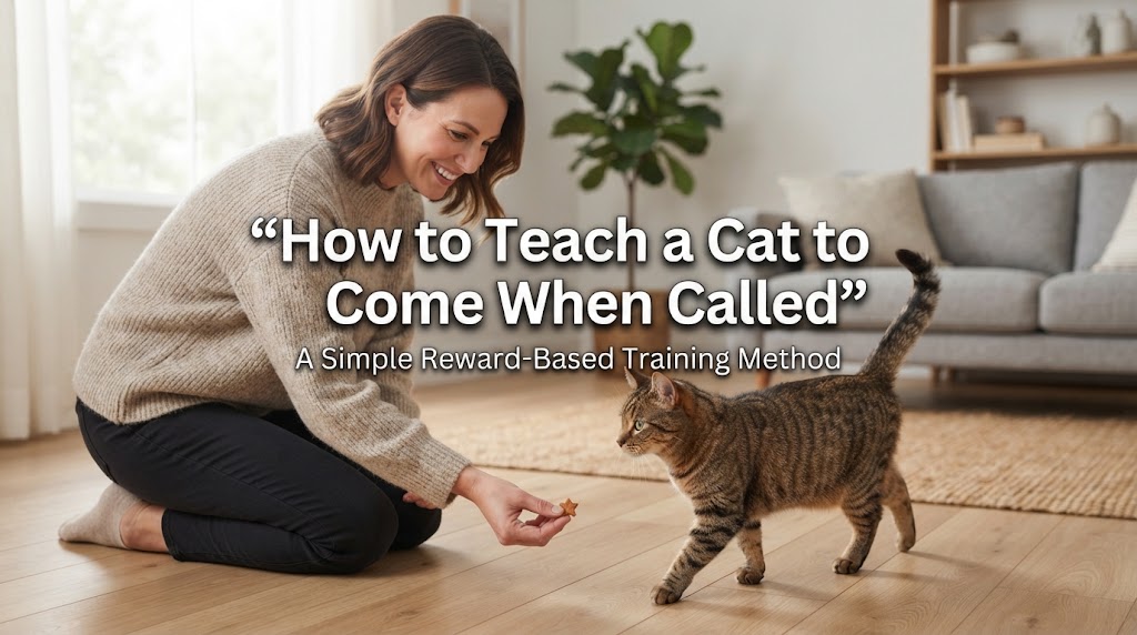 Cat happily walking toward its owner after hearing a recall cue