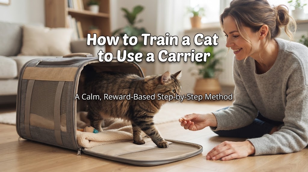 Relaxed cat voluntarily resting inside an open hard-sided carrier at home