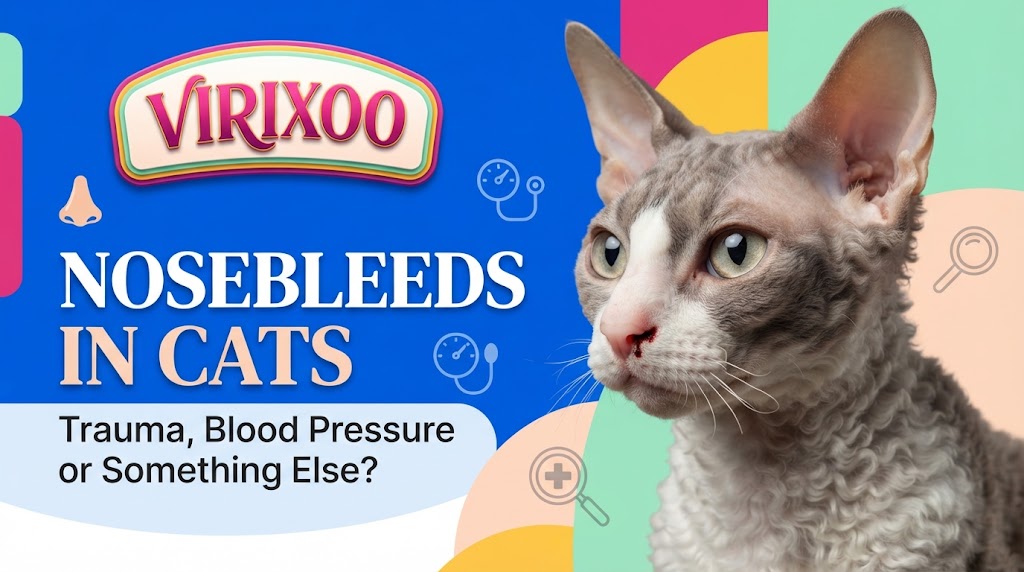 Cat with a small non-graphic amount of blood at one nostril while resting calmly