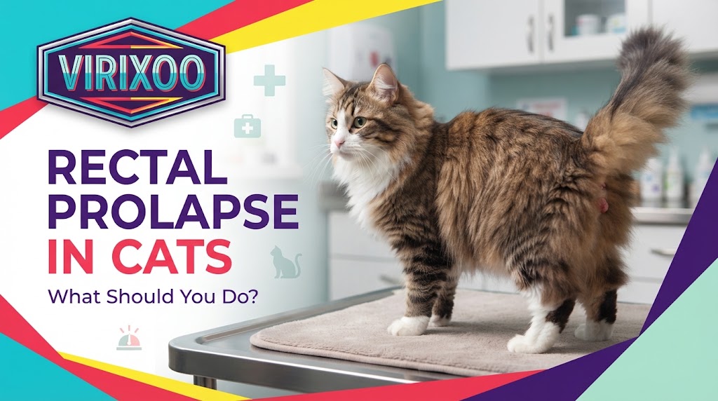 Cat with a non-graphic veterinary illustration of rectal prolapse while an owner prepares for prompt care