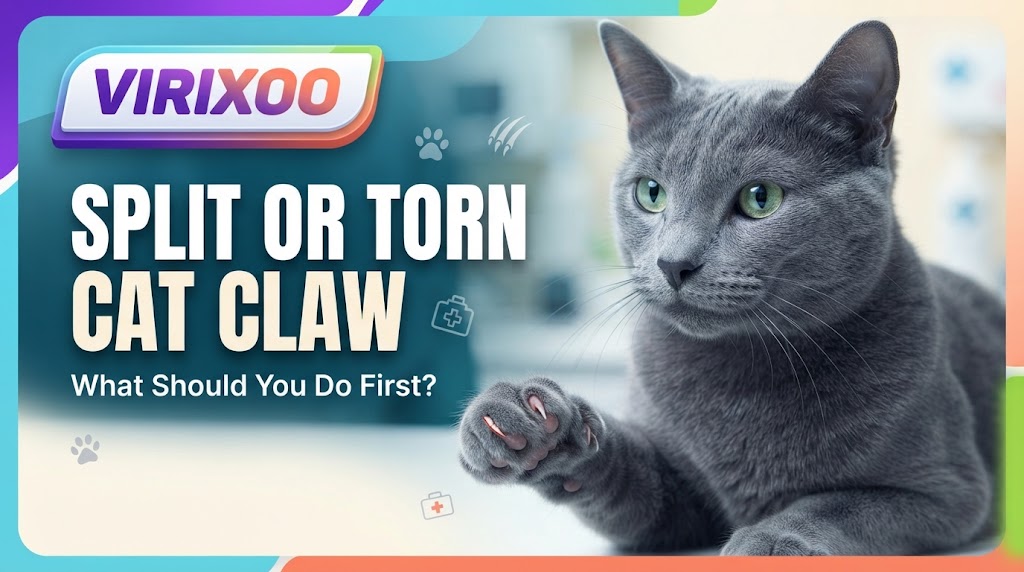 Cat with a split front claw being gently examined without graphic injury