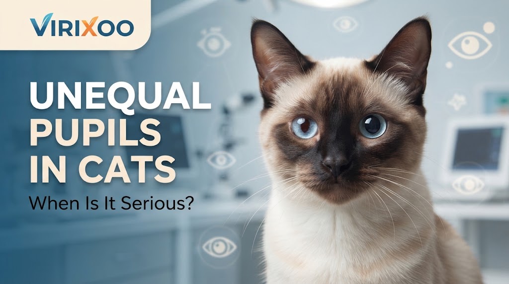 Cat with one pupil visibly larger than the other in even indoor lighting